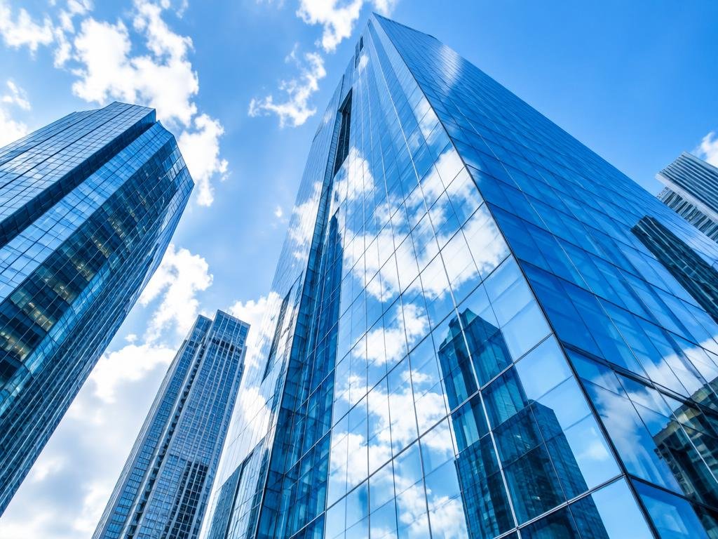 Glass skyscraper facades reflecting clouds in a financial district